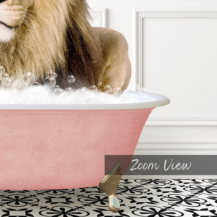 A lion is sitting in a pink bathtub filled with bubbles, creating a whimsical and playful scene.