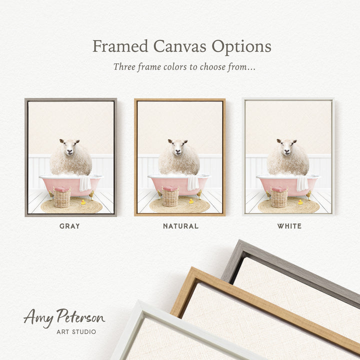 three framed canvas options featuring a sheep in a bathtub, with three different frame colors to choose from: gray, natural, and white.