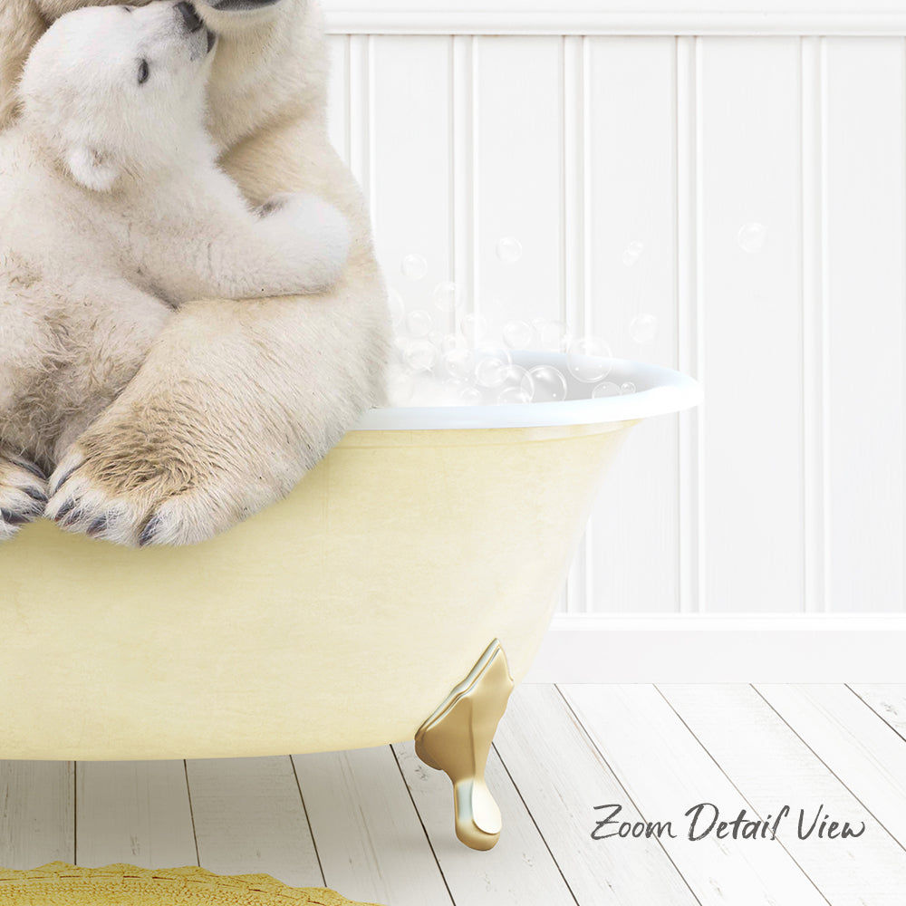 A polar bear cub sitting in a yellow bathtub, with bubbles rising around it, and a white wall in the background.