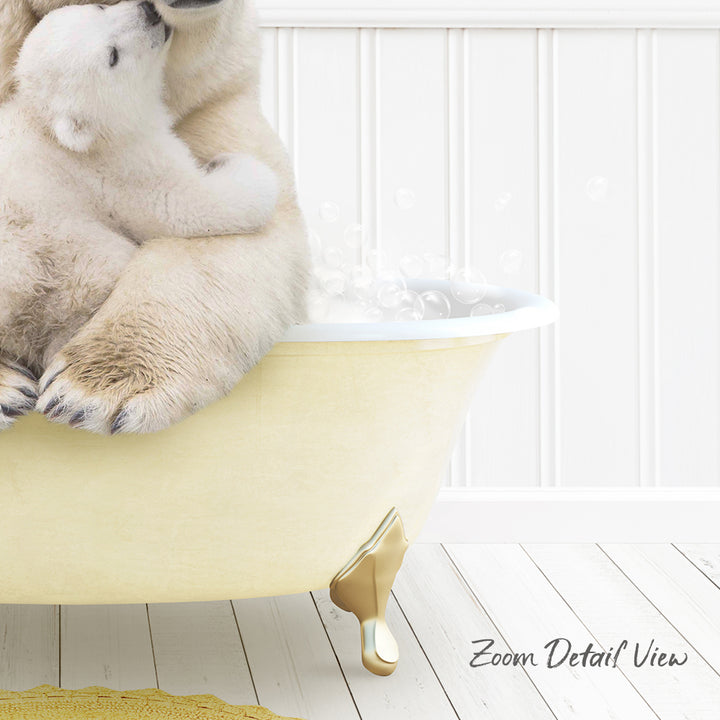 A polar bear cub sitting in a yellow bathtub, with bubbles rising around it, and a white wall in the background.