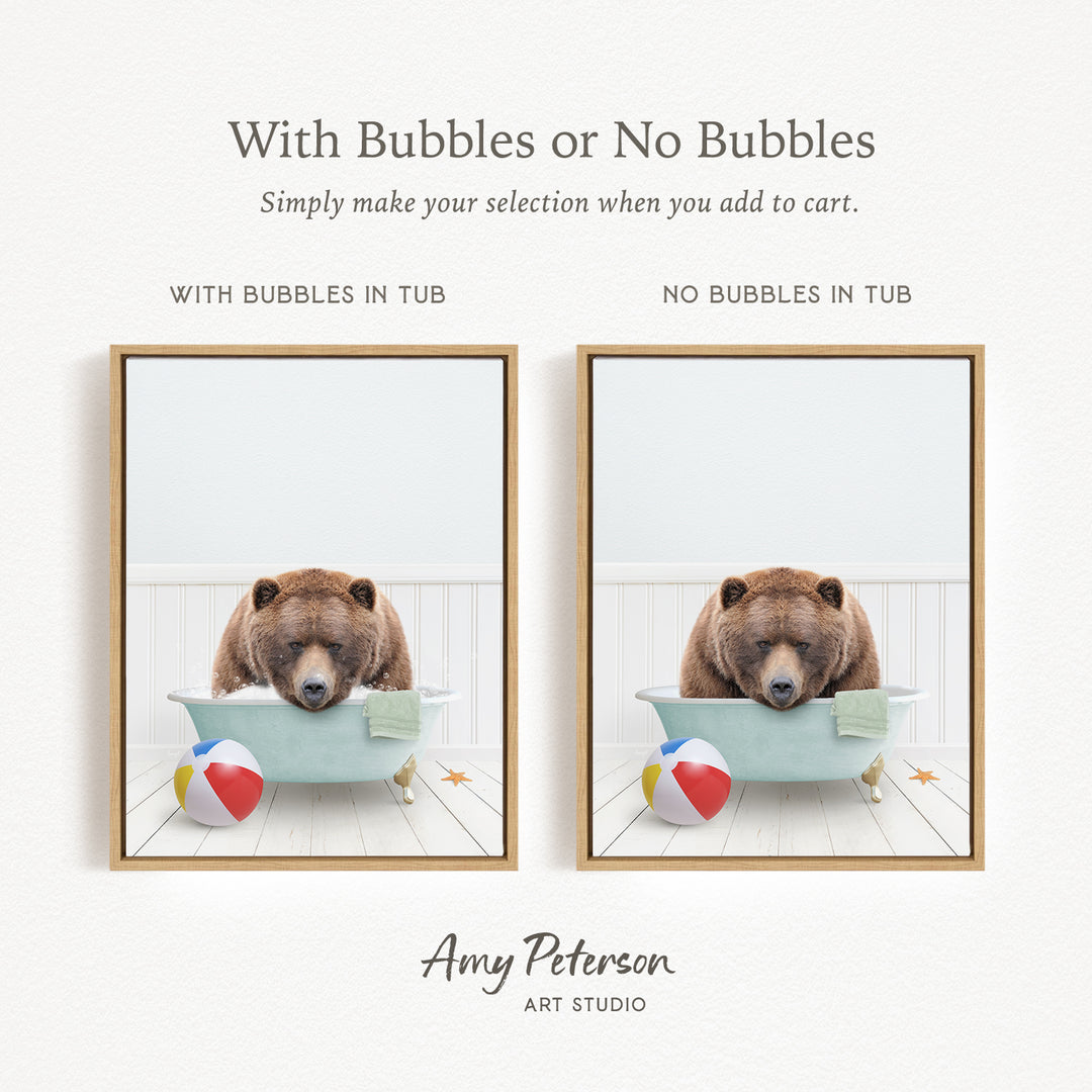 The image is a collage of two pictures featuring a bear sitting in a bathtub, with one picture having bubbles and the other not. The text above the images reads "With Bubbles or No Bubbles Simply make your selection when you add to cart."