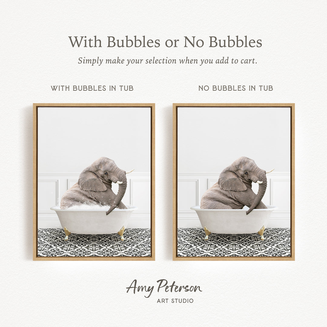 The image is a collage of two pictures, each featuring an elephant sitting in a bathtub. The first picture has bubbles in the tub, while the second picture does not have bubbles. The text above the images reads "With Bubbles or No Bubbles Simply make your selection when you add to cart."