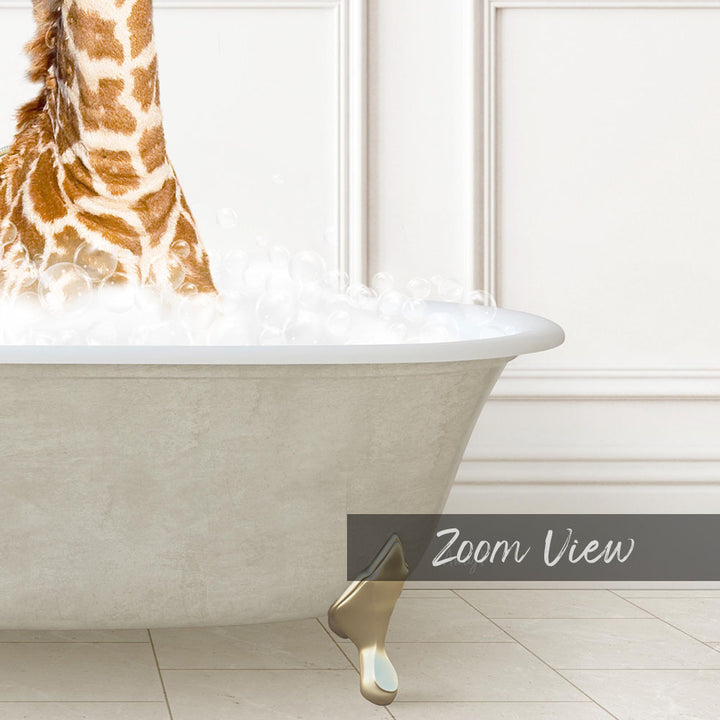 A giraffe standing in a bathtub filled with water, creating a whimsical and playful scene.