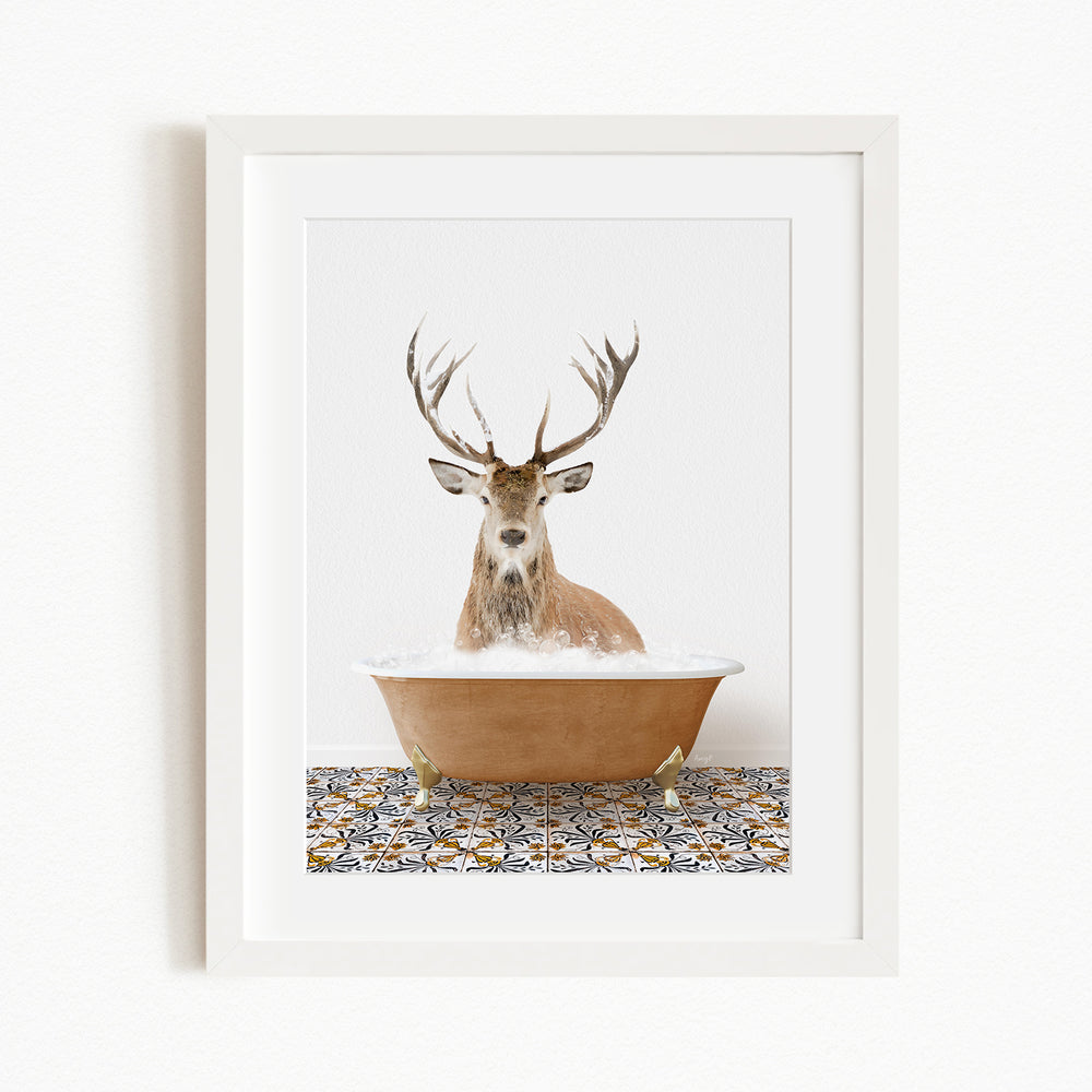 A deer with large antlers is sitting in a bathtub filled with water, surrounded by a patterned tile floor.