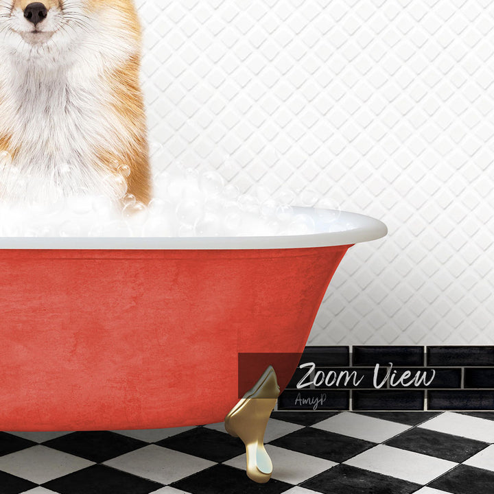A fluffy dog is sitting in a red bathtub filled with bubbles, with a black and white checkered floor and a tile wall in the background.