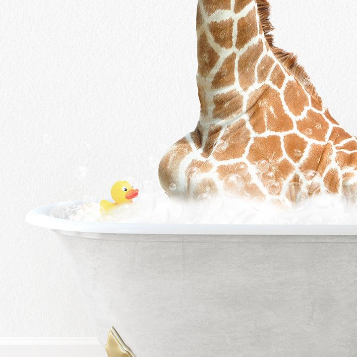 a giraffe sitting in a bathtub with a rubber duck