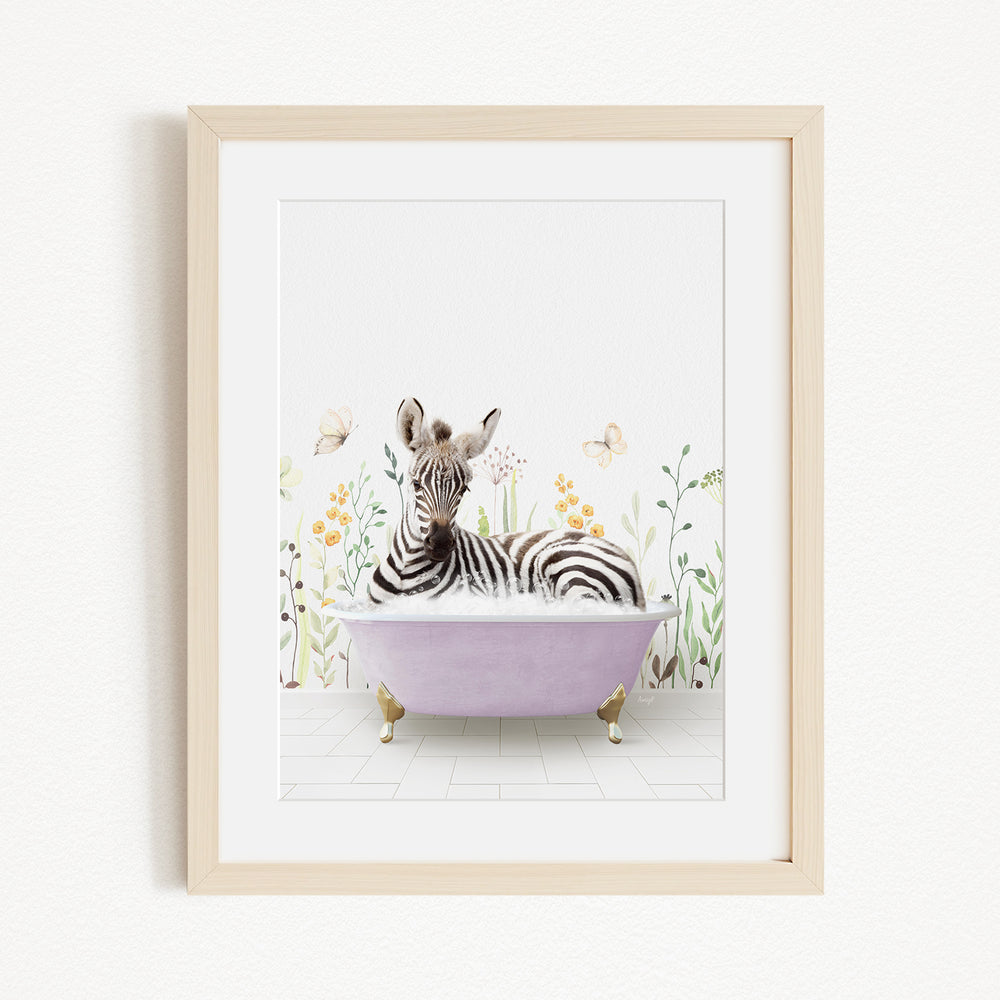 A zebra is sitting in a purple bathtub, surrounded by flowers and butterflies, in a whimsical and playful scene.