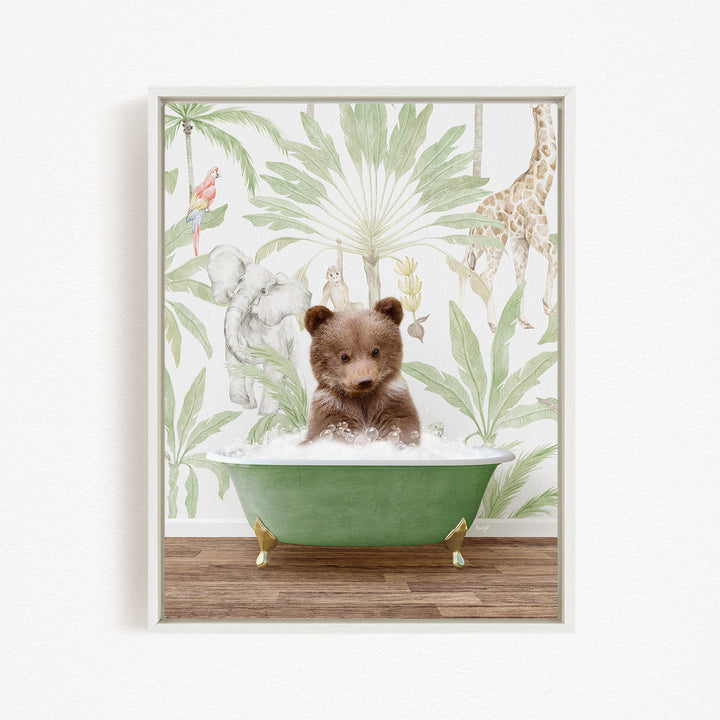 A brown bear sitting in a green bathtub filled with bubbles, surrounded by a tropical wallpaper with various animals.