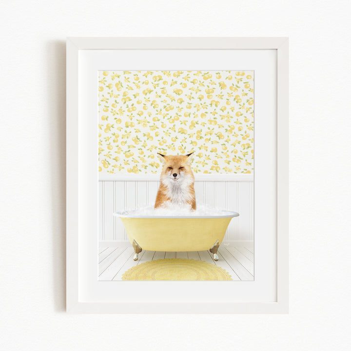 A fox is sitting in a yellow bathtub, surrounded by a yellow floral wallpaper.