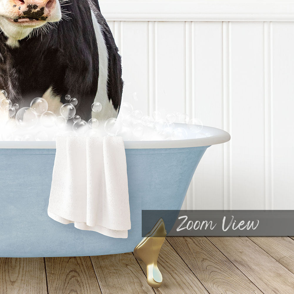 A black and white cow is sitting in a blue bathtub filled with bubbles, with a towel draped over the side and a "Zoom View" label below the image.