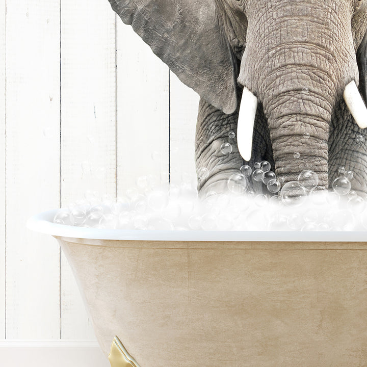 an elephant is taking a bath in a bathtub