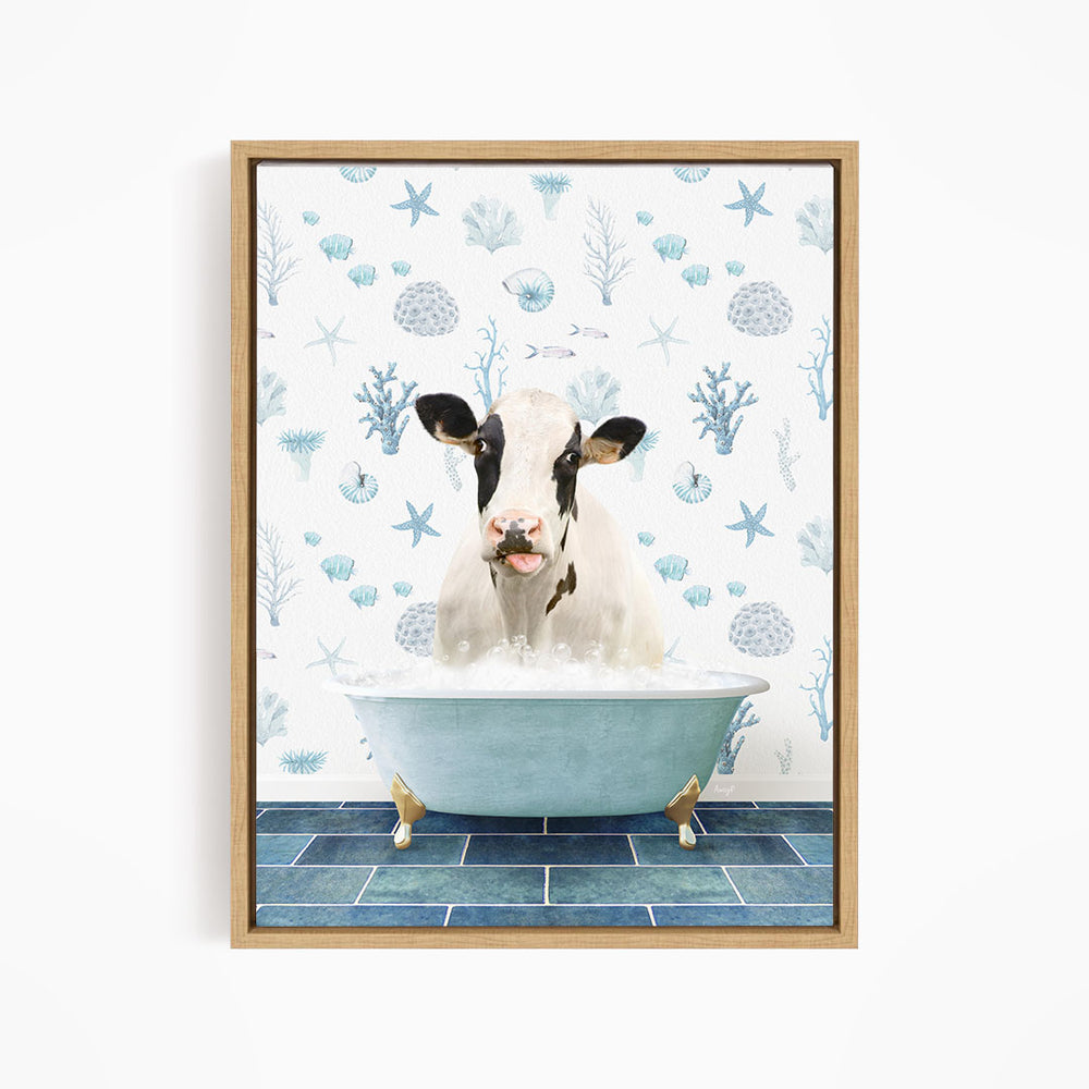 A cow is sitting in a blue bathtub filled with water, surrounded by various marine and floral elements.