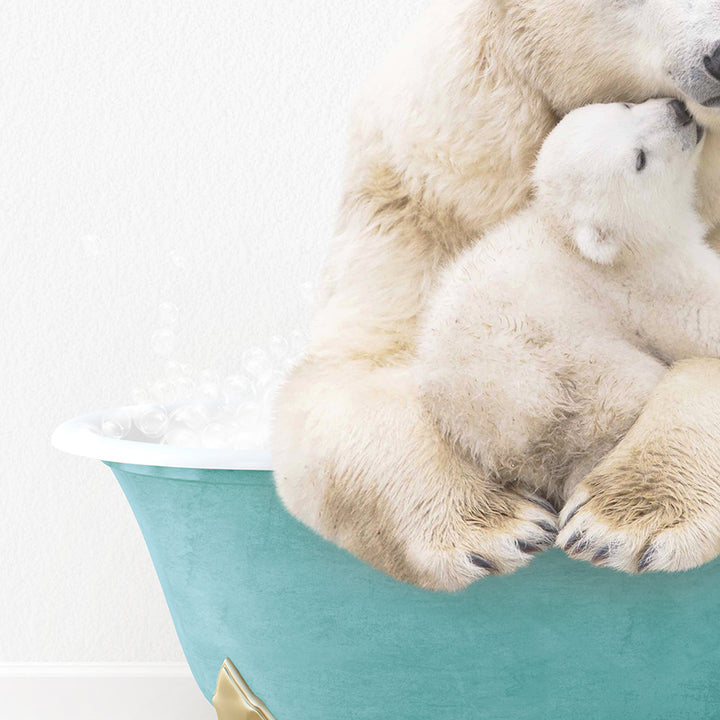 a mother polar bear and her cub in a bathtub