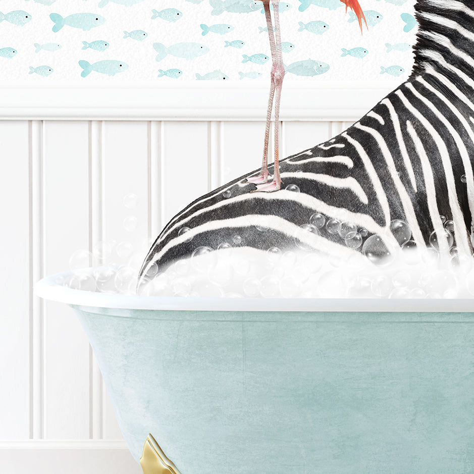 a zebra in a bathtub with a bird on top of it