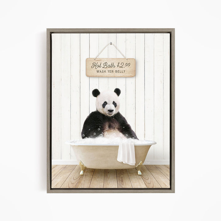 A panda bear sitting in a bathtub, with a sign above it that says "Hot Bath $2.00 Wash Your Belly".