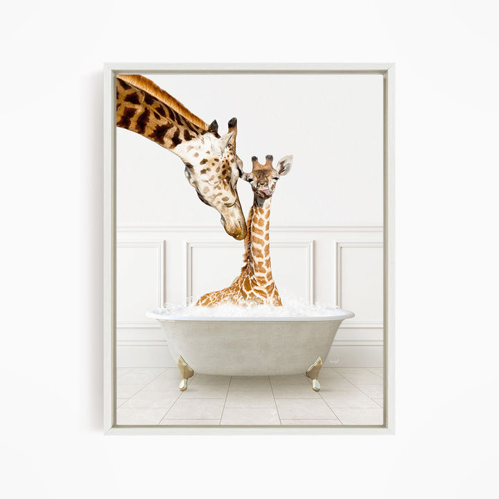 A mother giraffe and her baby giraffe are sitting together in a white bathtub filled with water, appearing to enjoy a playful moment.