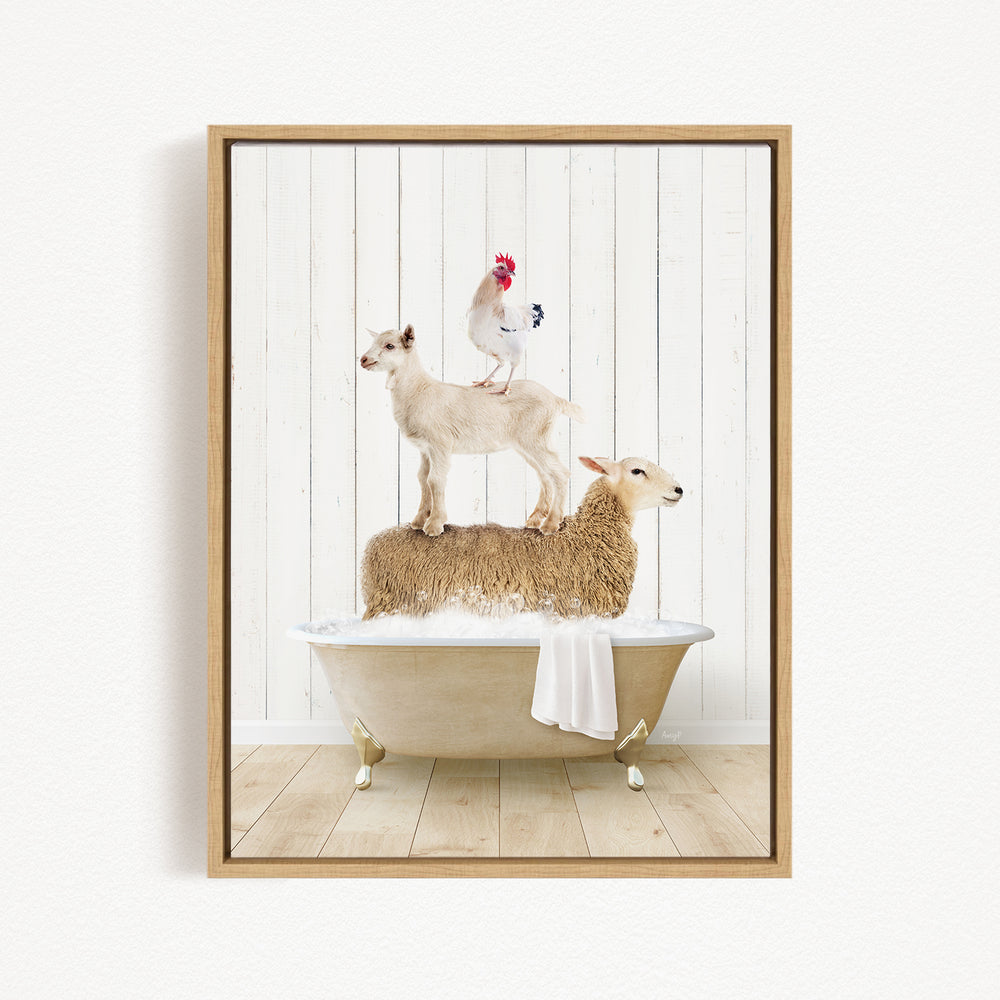 A framed image depicting a sheep standing on a tub filled with water, with a rooster perched on top of it.