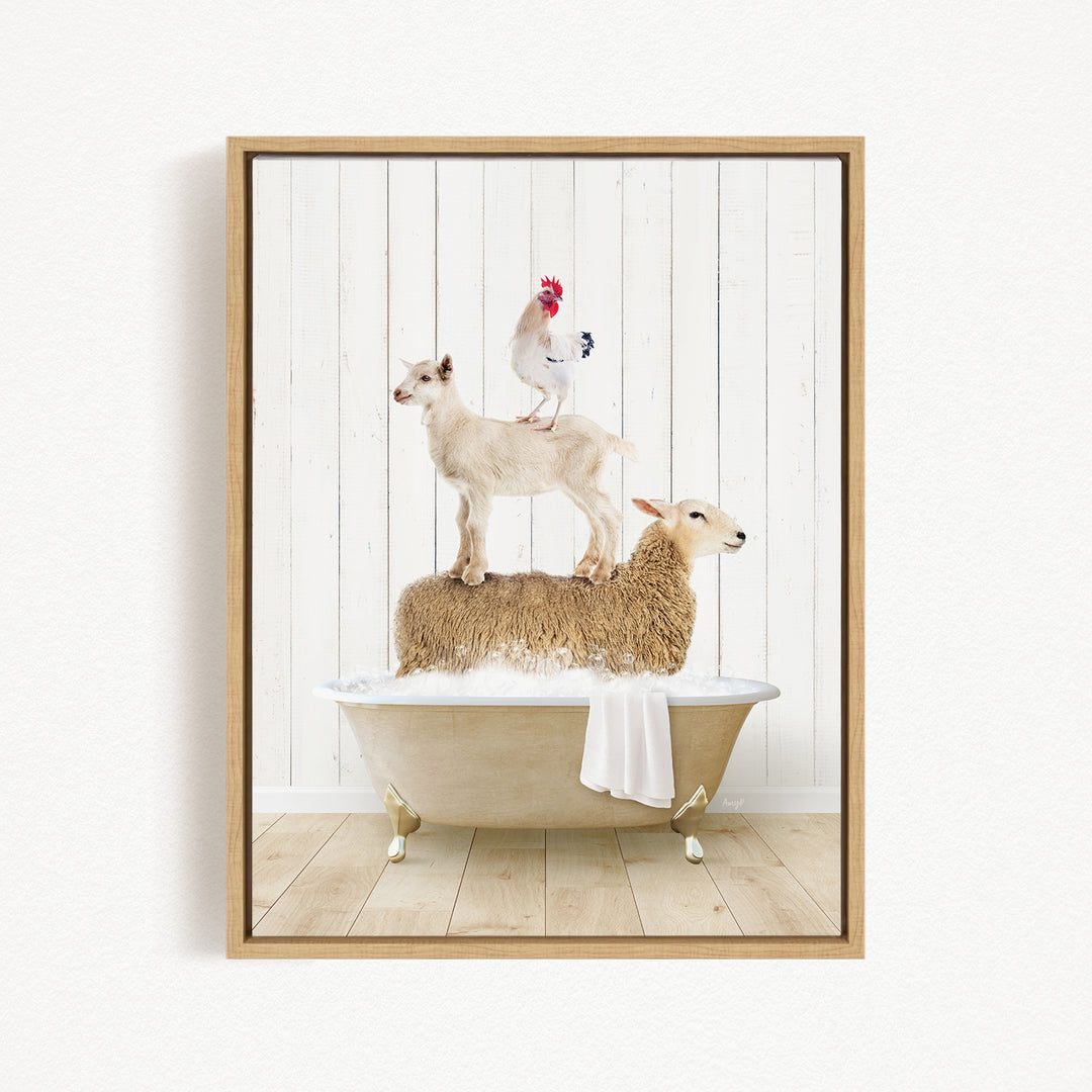 A framed image depicting a sheep standing on a tub filled with water, with a rooster perched on top of it.