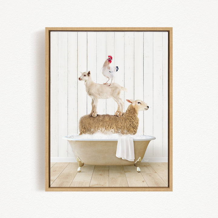 A framed image depicting a sheep standing on a tub filled with water, with a rooster perched on top of it.