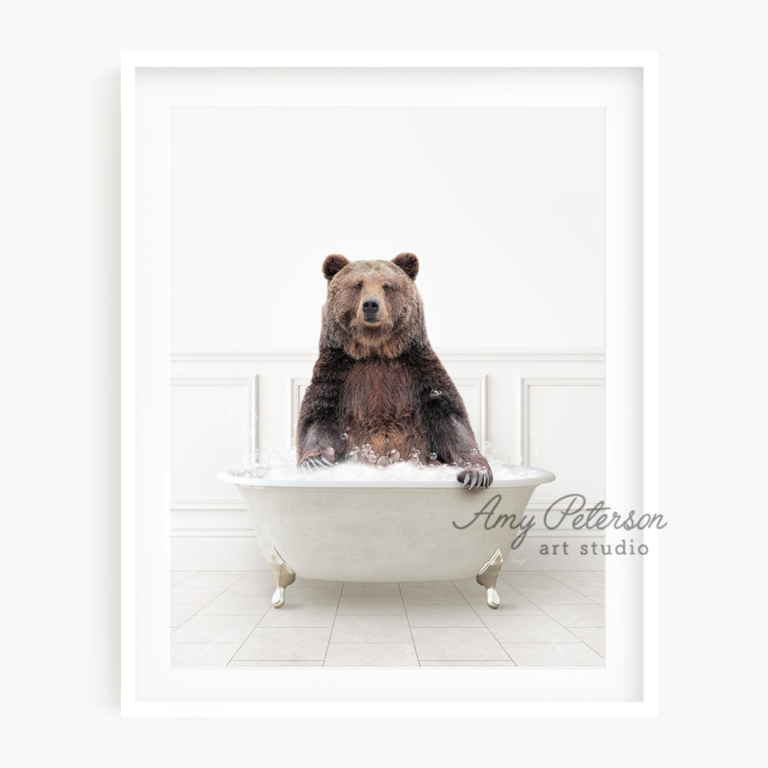 a bear sitting in a bathtub with a white background