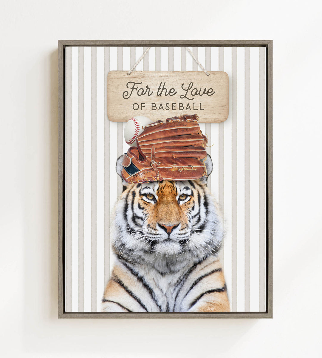 A tiger wearing a baseball glove and standing in front of a sign that says "For the Love of Baseball".