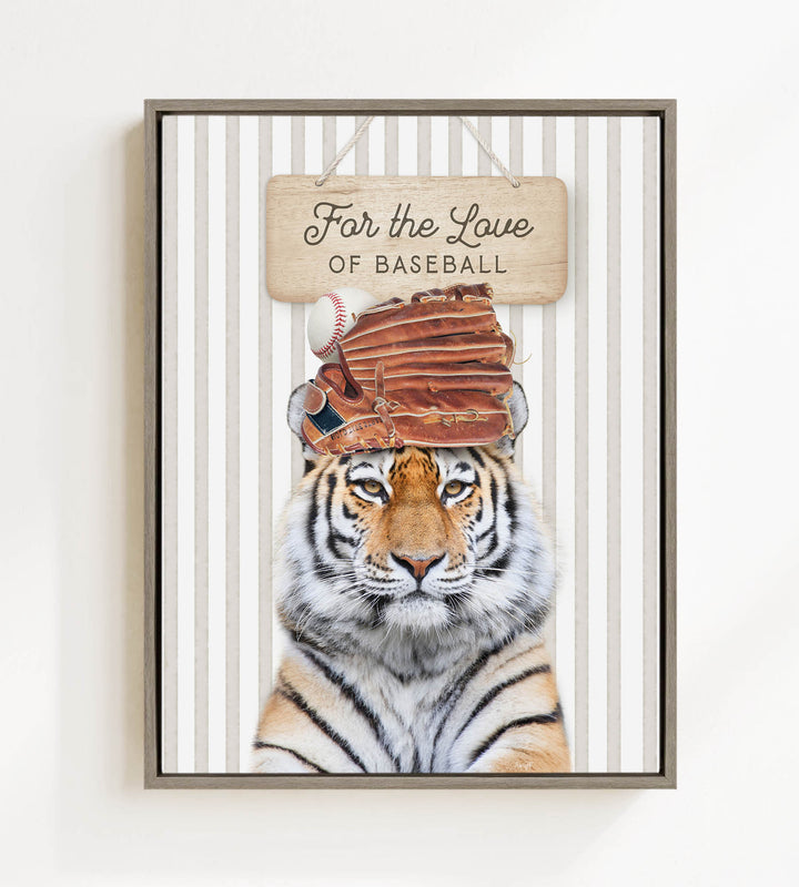 A tiger wearing a baseball glove and standing in front of a sign that says "For the Love of Baseball".