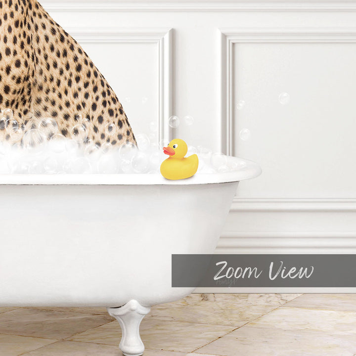 A leopard print bathtub filled with bubbles, with a yellow rubber duck sitting on the edge.