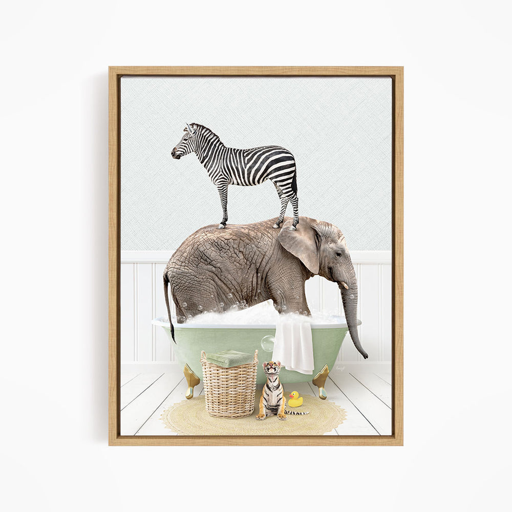 A zebra standing on the back of an elephant, both in a green bathtub, with a cat and a dog sitting nearby.