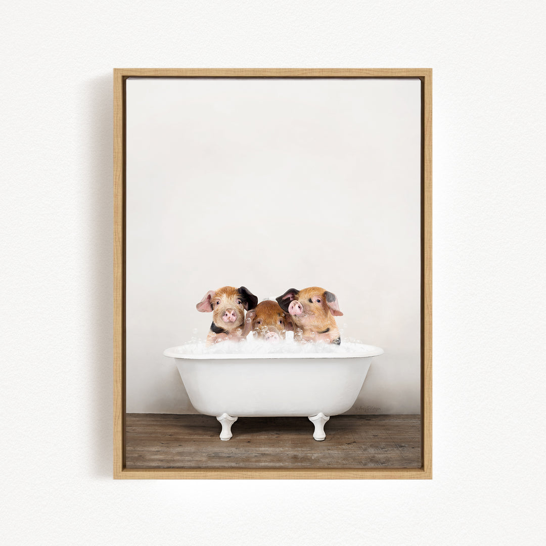 Three adorable brown and white pigs sitting in a white bathtub, enjoying a relaxing bath.