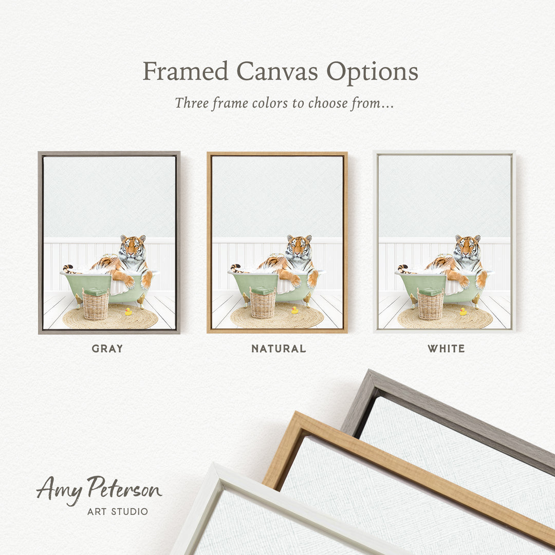 three framed canvas options, each featuring a tiger sitting in a bathtub with a basket of toys. The options are labeled as "Grays," "Natural," and "White" to represent the frame colors.