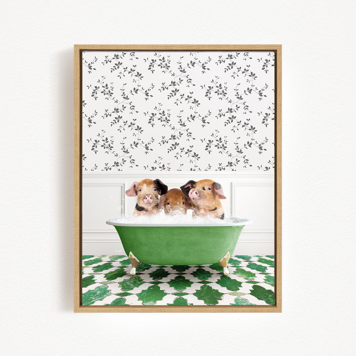Three adorable pigs sitting in a green bathtub, surrounded by a patterned wall and green and white floor tiles.