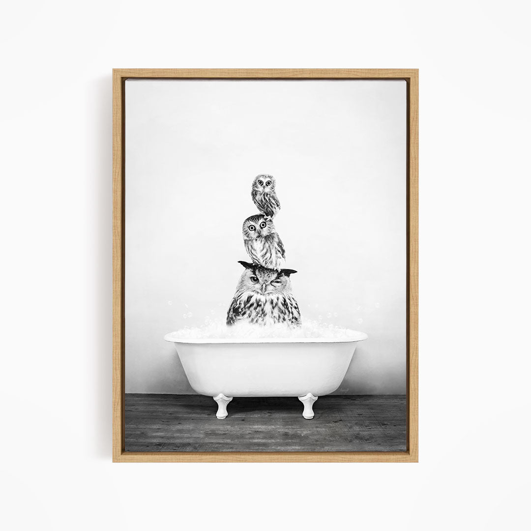 A black and white image of three owls sitting on a white bathtub, with the owls appearing to be in a bathtub.