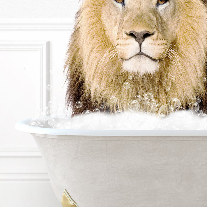 a lion sitting in a bathtub with bubbles