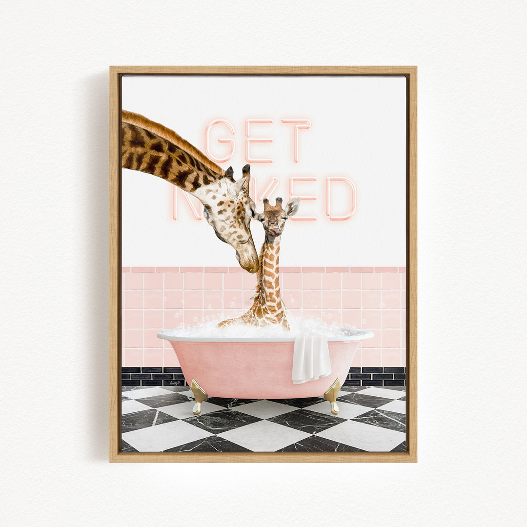 A giraffe and a baby giraffe are sitting in a pink bathtub, with the word "GET NAKED" written on the wall behind them.