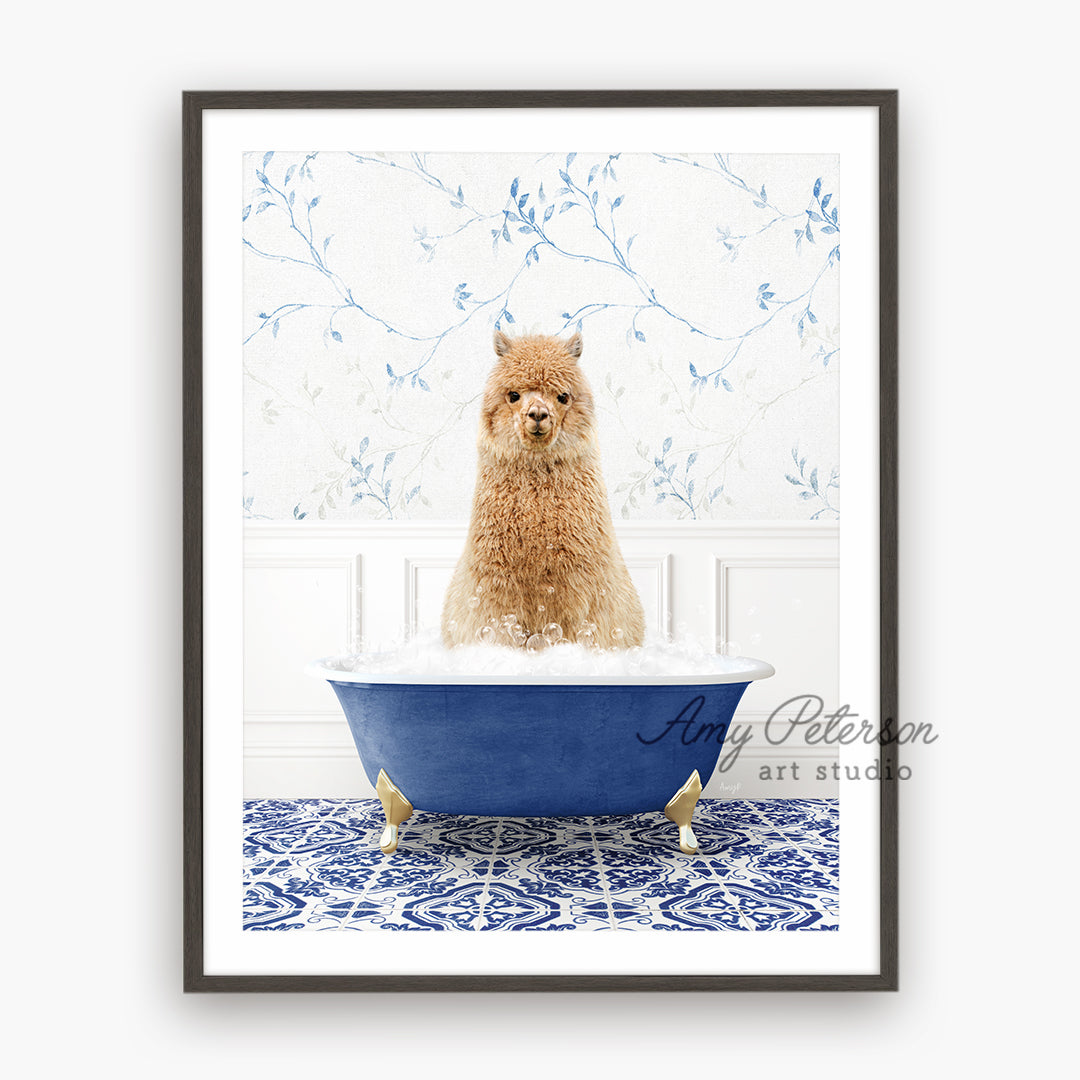 a brown dog sitting in a blue bath tub