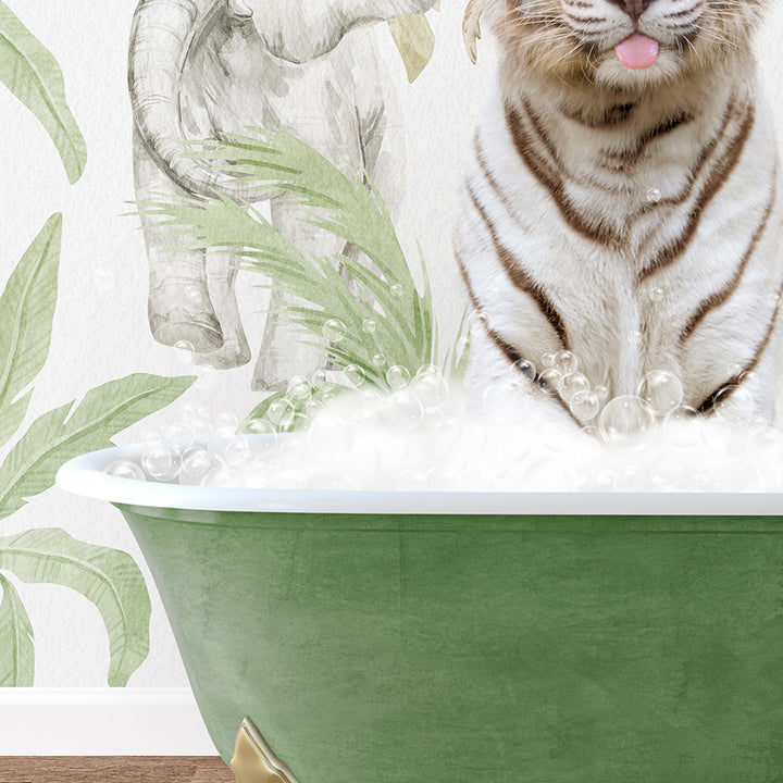 a tiger sitting in a bathtub with a wallpaper behind it