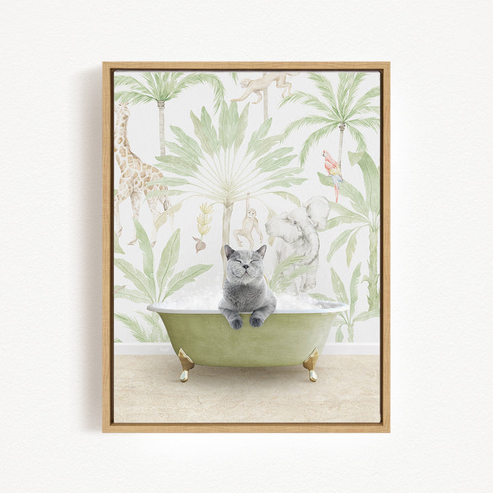 A gray cat sitting in a green bathtub, surrounded by tropical foliage and animals, creating a whimsical and playful scene.