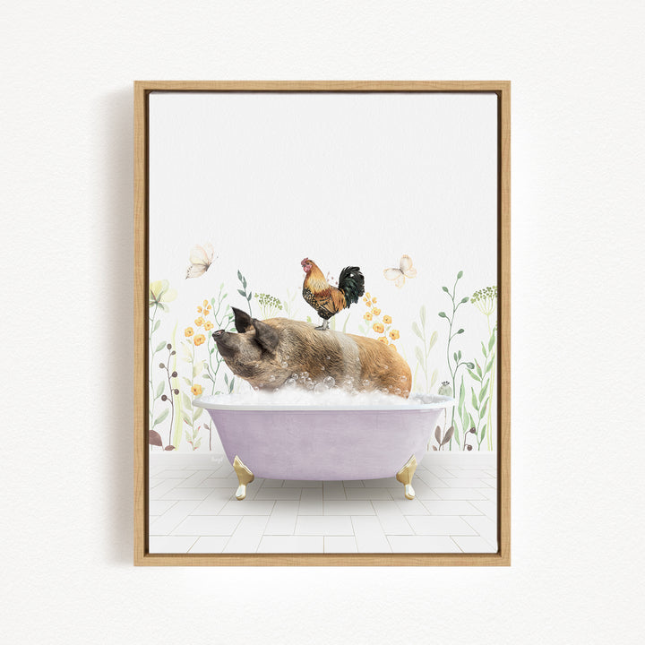 A pig sitting in a bathtub filled with bubbles, surrounded by flowers and butterflies.