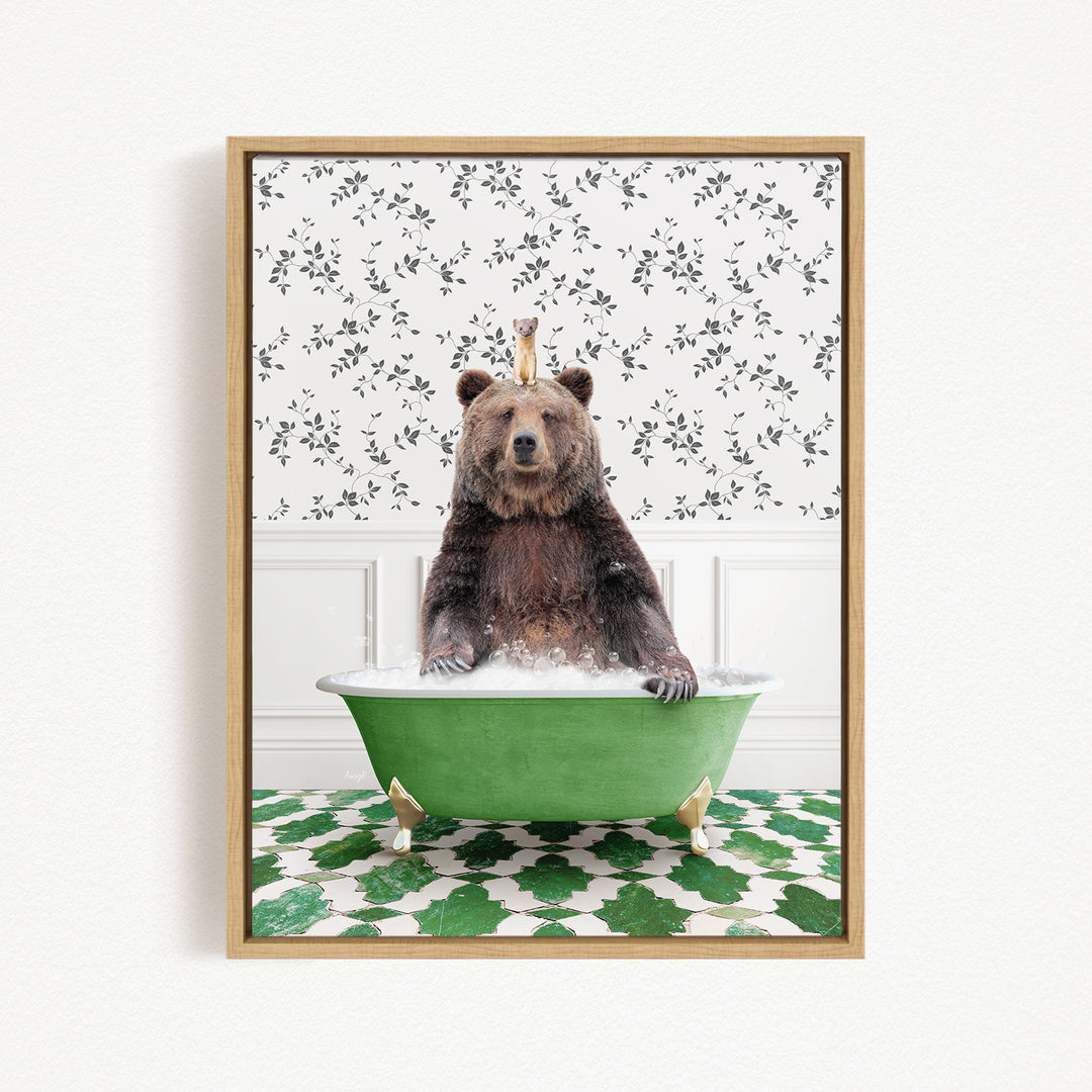 A brown bear sitting in a green bathtub, surrounded by a patterned wall and green and white tiles.