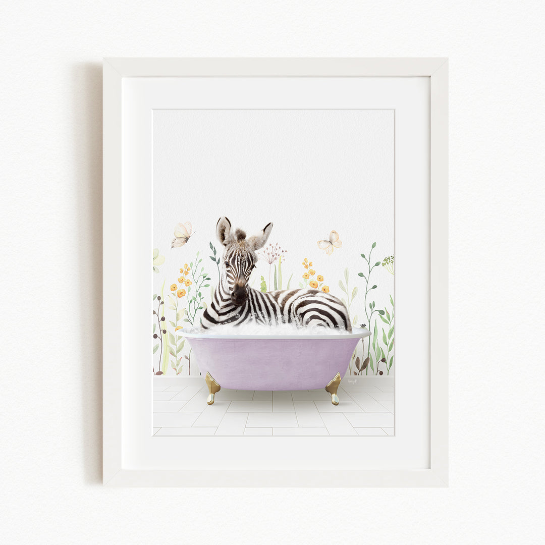 A zebra is sitting in a purple bathtub, surrounded by flowers and butterflies, creating a whimsical and playful scene.