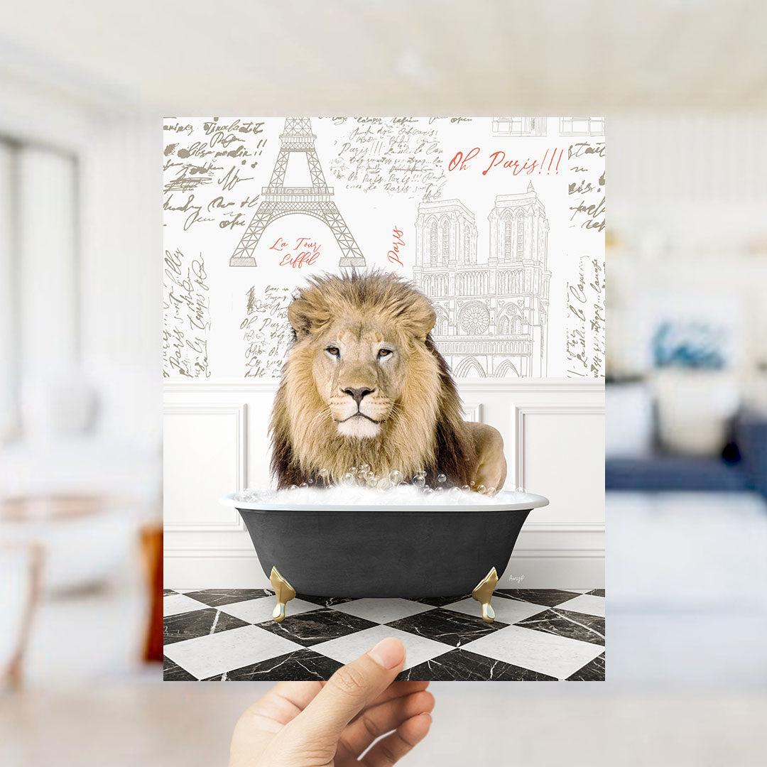 A lion is sitting in a bathtub filled with water, surrounded by various landmarks and text related to Paris.
