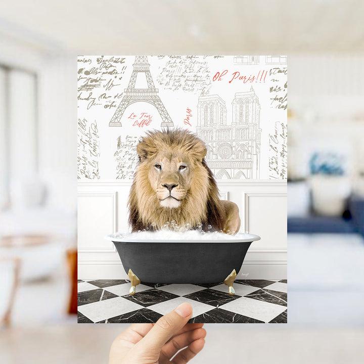 A lion is sitting in a bathtub filled with water, surrounded by various landmarks and text related to Paris.