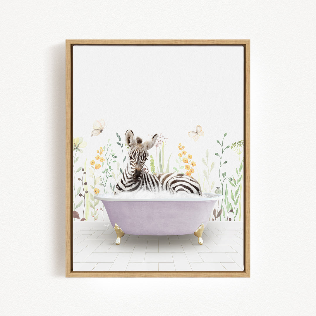 A zebra is sitting in a purple bathtub, surrounded by flowers and butterflies, creating a whimsical and playful scene.