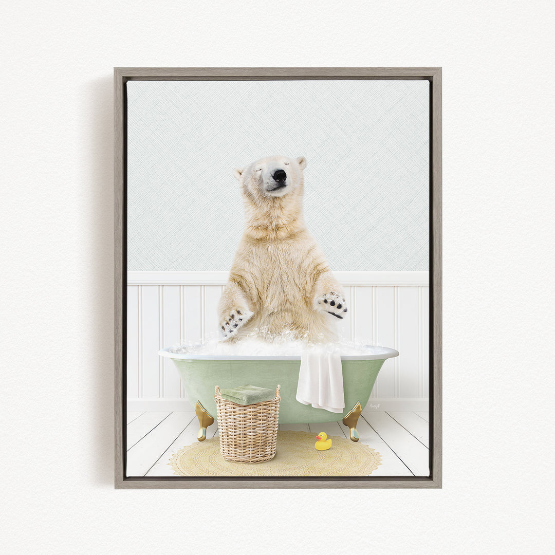 A polar bear standing in a green bathtub filled with water, surrounded by a basket of toys and a yellow rubber duck.