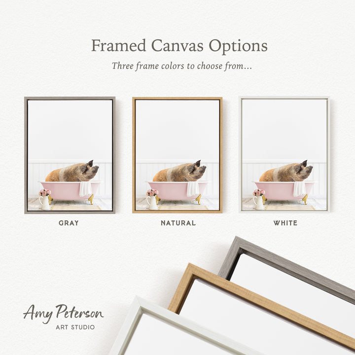 three framed canvas options, each with a different frame color: gray, natural, and white. The text above the images reads " Framed Canvas Options" and "Three frame colors to choose from...". The text below the images reads "Grays", "Naturals", and "Whites". The artist's name, Amy Peterson, is also mentioned at the bottom of the image.