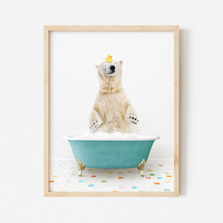 a polar bear in a bathtub with a crown on its head