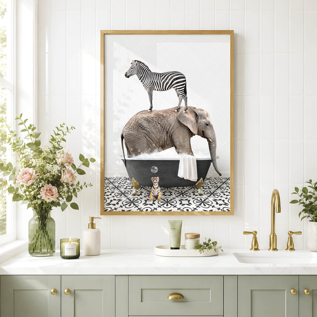 a framed picture of a zebra standing on an elephant's back in a bathtub, surrounded by various bathroom accessories and decor.