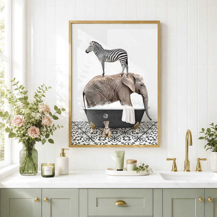 a framed picture of a zebra standing on an elephant's back in a bathtub, surrounded by various bathroom accessories and decor.