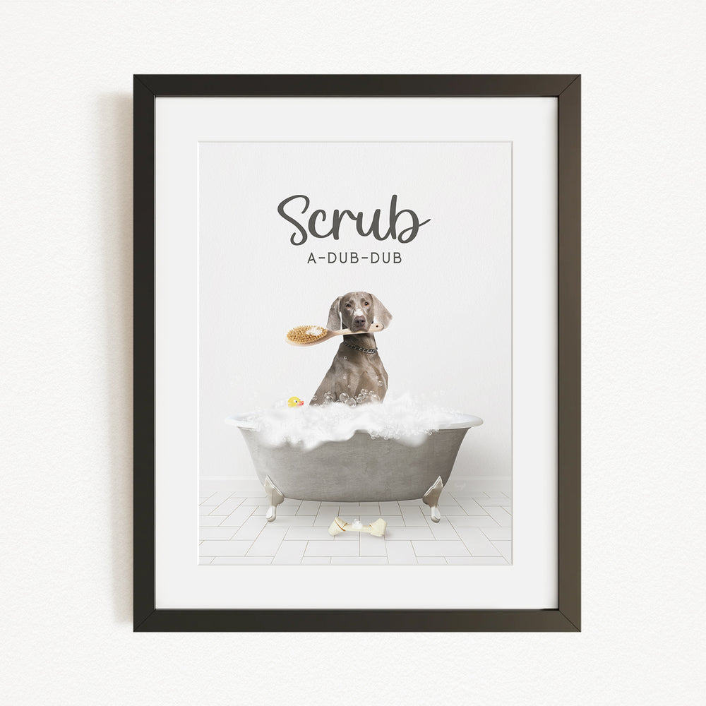 A dog sitting in a bathtub, holding a brush in its mouth, with the text "Scrub A-DUB-DUB" above the image.