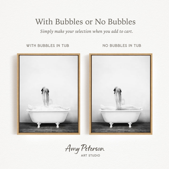 The image is a black and white photograph of a swan in a bathtub, with the swan's head and neck visible. The swan is either sitting or standing in the tub, with bubbles or no bubbles around it. The image is framed and appears to be a part of a larger collection of images.